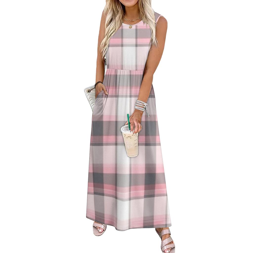 Ladies' Plaid Printed Casual and Fashionable Waist Cinched Sleeveless Dress