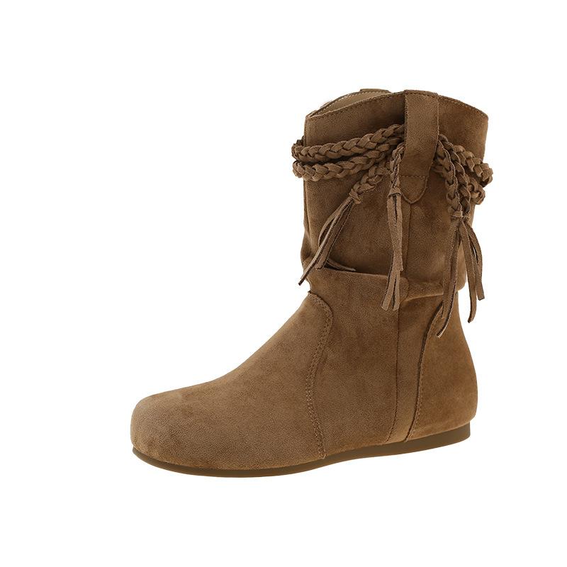 Short boots women's 2025 autumn new retro versatile fringed knight slim popular wasteland style khaki boots