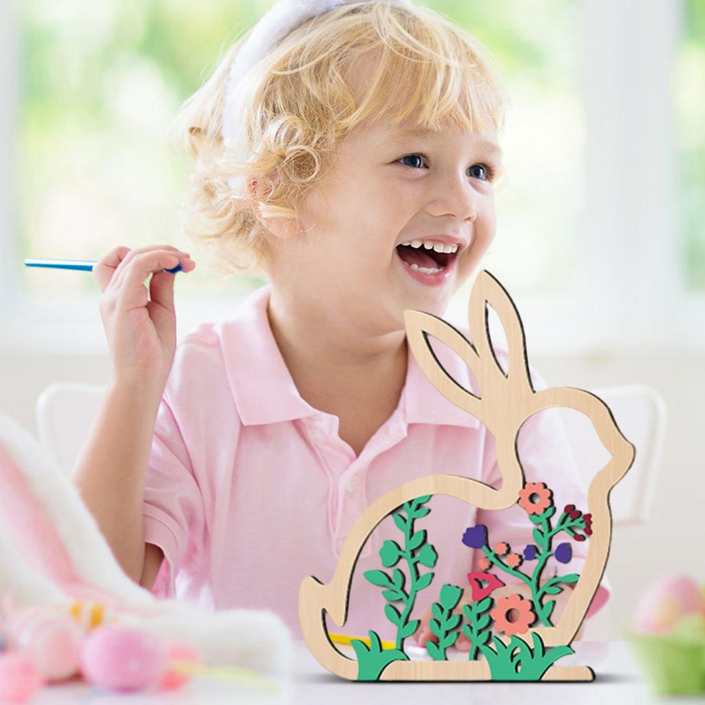 Easter Bunny Figurine, Home Decor, Living Room Ornament, Flower Figurine, Wooden Craft.