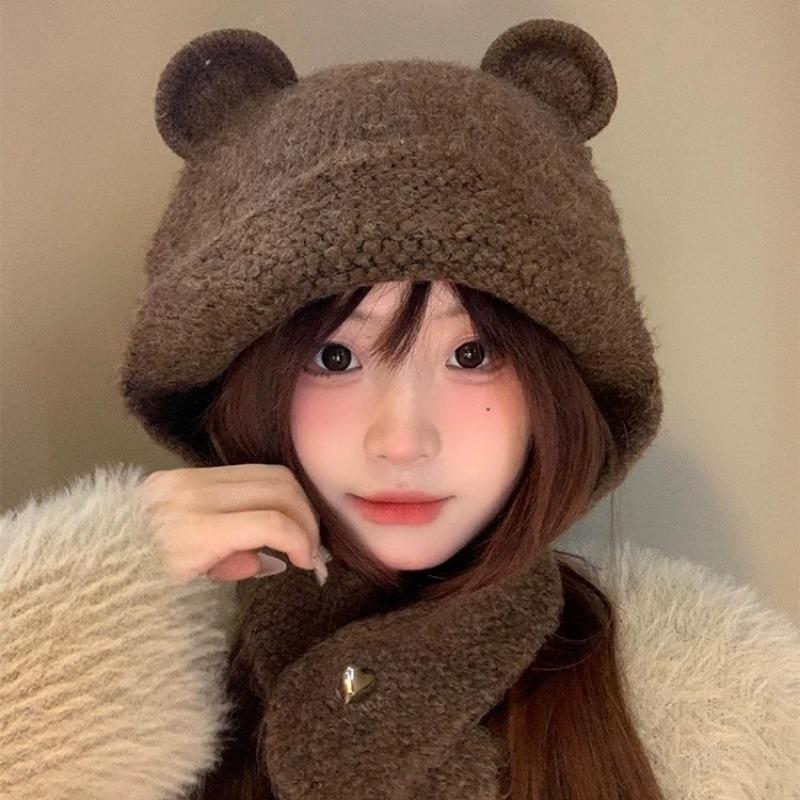 New bear knitted hat fashionable lazy style cute bear ears versatile wool ear protector headgear autumn and winter hat women