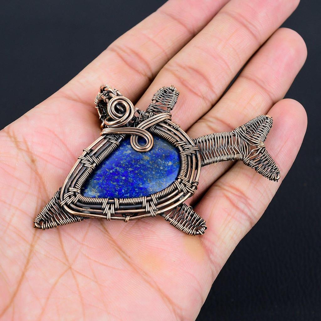 Unique Lapis Lazuli Gemstone Handmade Pure Copper Wire Wrapped Fish Pendant Jewelry