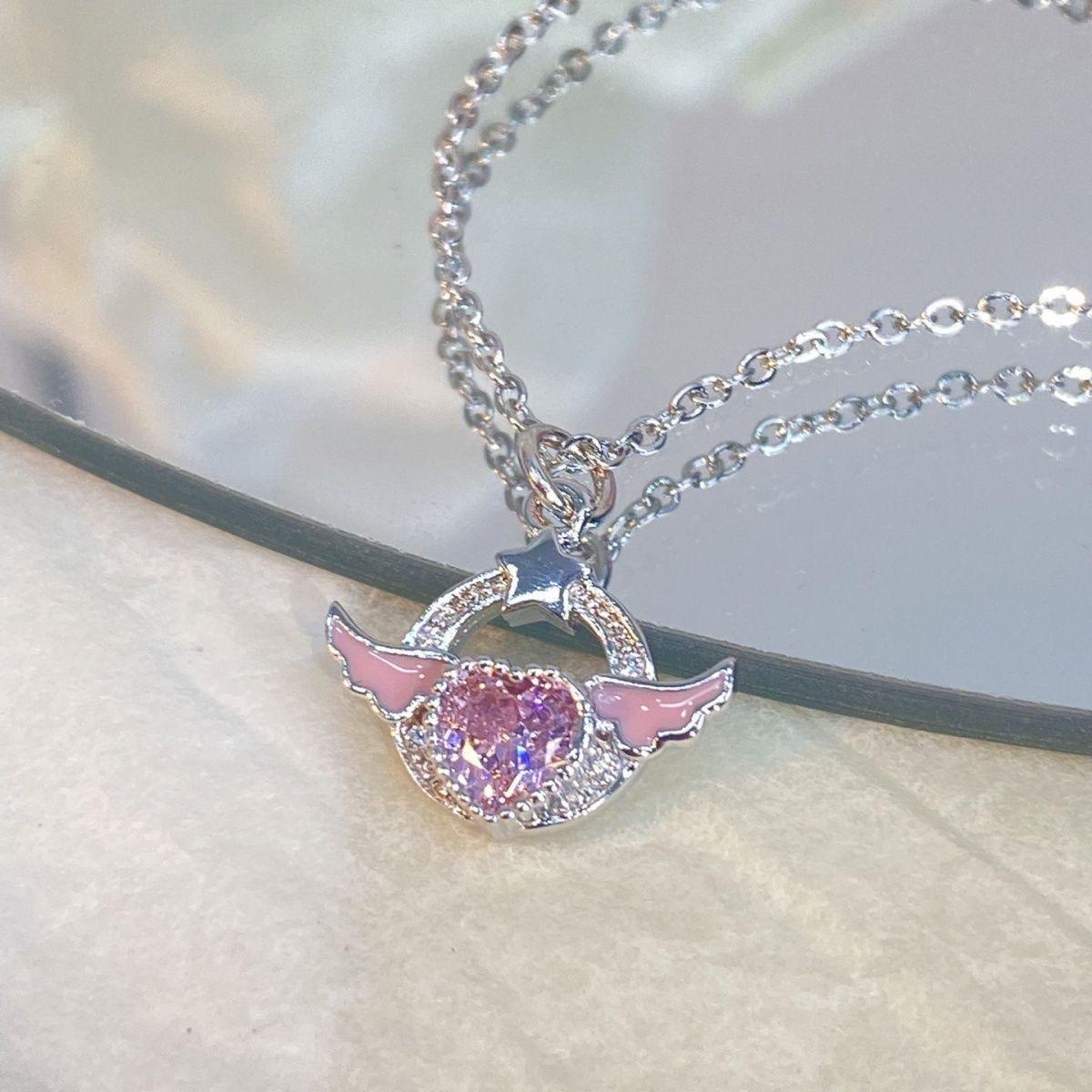 

Angel wings love necklace female ins niche design pink diamond versatile collarbone chain for girlfriend Valentine s Day