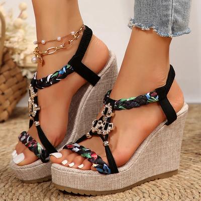Metal Decoration Wedge Heel Sandals for Women 2026 Summer Chunky Platform Sandals Woman Thick Bottom Printed Bohemian Sandalias