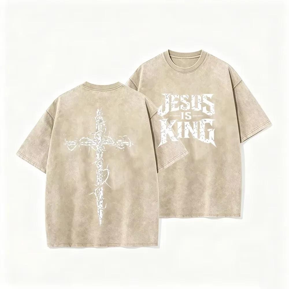 Asian Size Jesus Is King Cross Graphic Washed T Shirt Vintage Distressed Oversized Short Sleeve Streetwear Tee