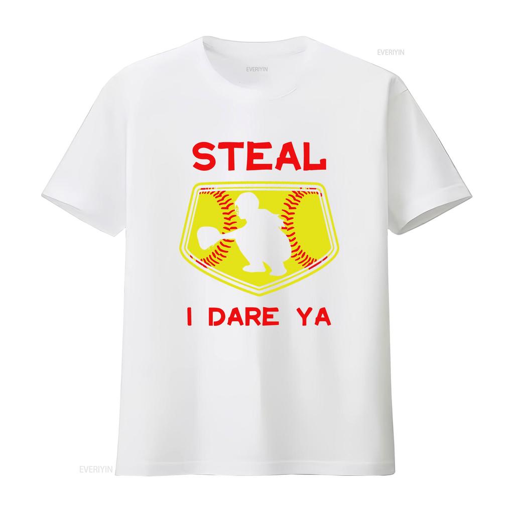 Steal I Dare Ya Softball Catcher T Shirt Funny For Players Bas vintage Washed Top For Everyday Wear homme graphic