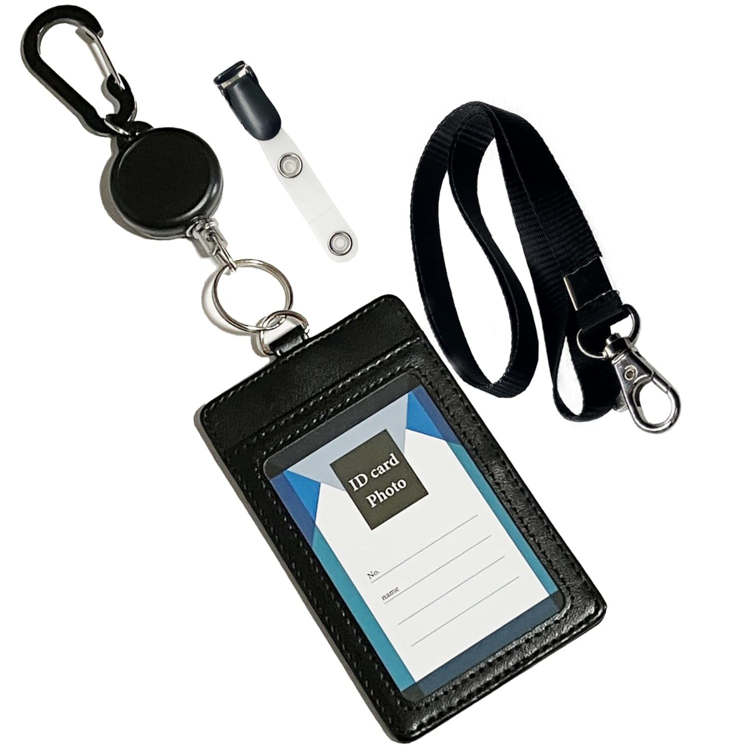 

Pass case men commuter holder expandable ID card reel key double-sided commuting school employee identification drivers license PU leather gift black)
