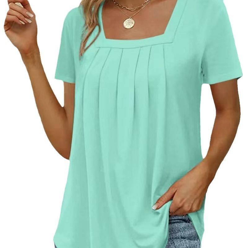 Women Square Neck Short Sleeve Blouse With Pleated Front And Curved Hem Casual Multi Color Summer Top