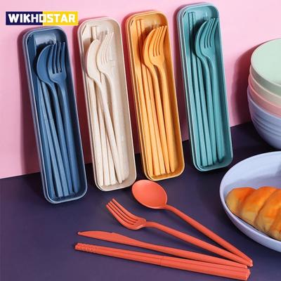 Juego de 4 cubiertos de paja de trigo, juego de vajilla portátil de viaje con caja, palillos, tenedor, cuchara, cuchillo, vajilla, cubiertos de picnic