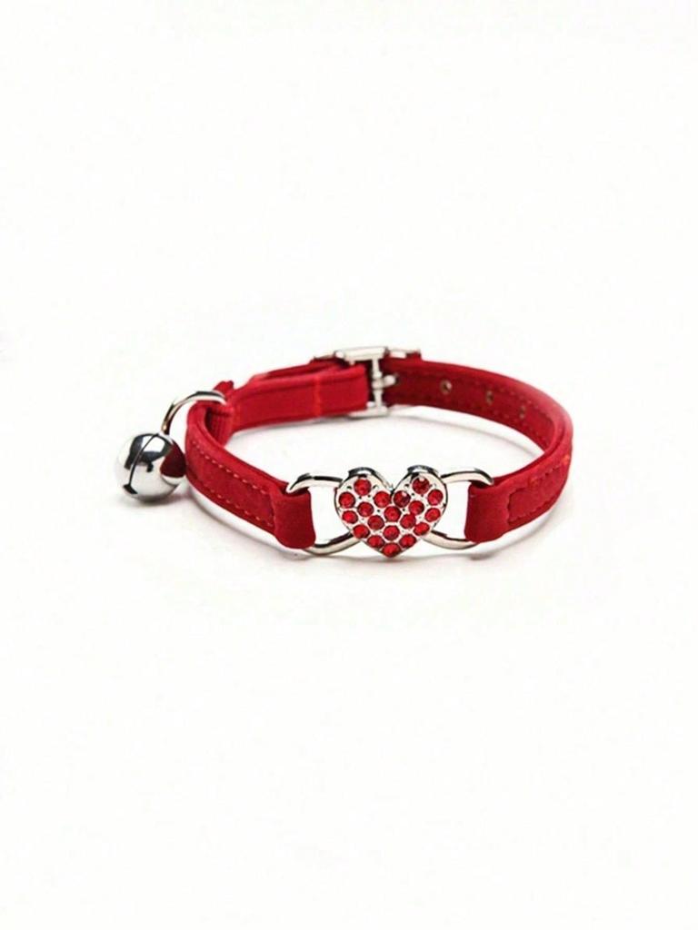 1pc Pet Collar With Rhinestone Heart & Bell Decoration, Cat Collar