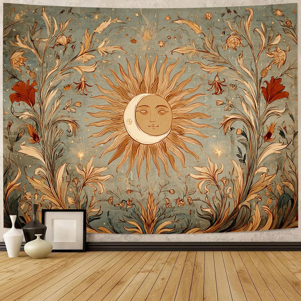 Sun and Moon Shine Together with Flowing Vines Fantasy Tapestry Wall Hanging, Holiday Decoration Home Decor Hanging Cloth, Party Decoration, Holiday G