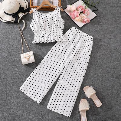 Children's Fashion Polka Dot Print Bow Halter Top Wide-leg Pants Set Autumn Girls' Sweet Set