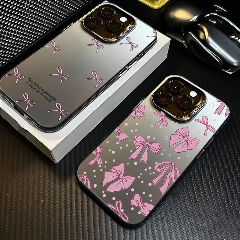 Ins Korean Simple Pink Bow Phone Case for iPhone 15 Pro Max 14 13 12 11 XS X XR 7 8 Plus 15 Luxury Lens Protection Laser Cover