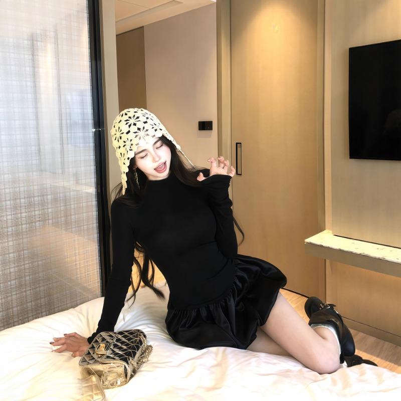 Women Sweet Cool Slim Fitted High Waist Long Sleeve Puffy Short Dress