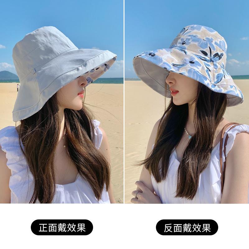 Flower bucket hat women's spring and summer sunscreen sunshade UV protection casual big eaves cover face big head circumference double basin hat