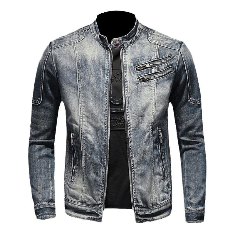 Hochwertige Herren-Jeansjacke Lässig Retro Große Größen Stehkragen Reißverschluss Biker Motorradmantel