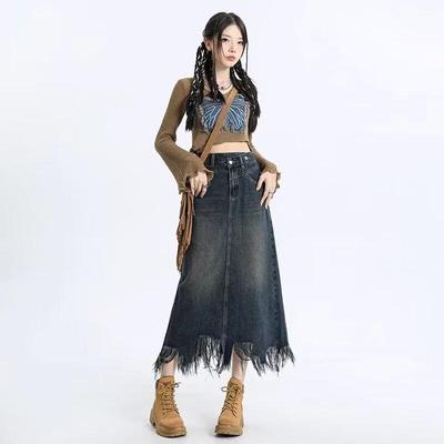 Popular Japanese A-line Solid Color Women's Versatile Long Denim Skirt