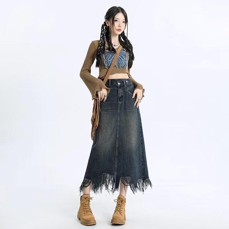 

Популярная японская А-силуэтная однотонная женская универсальная длинная джинсовая юбка 2XL синий