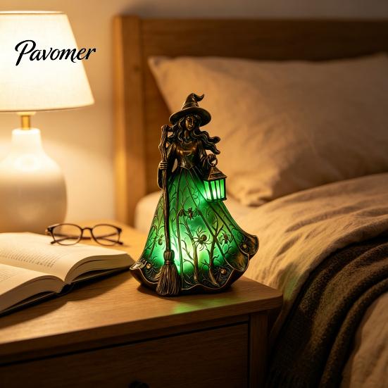 Desktop Night Light for Bedroom Halloween Witch Tabletop Lamp, Gothic with Broom & Lantern, Retro Style Desk Lamp USB Powered Spooky Ambient