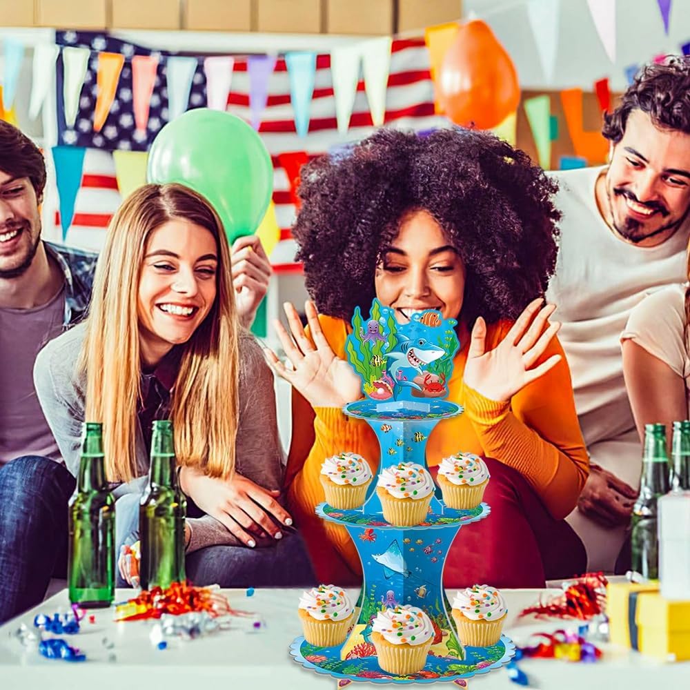 Under The Sea 3 Tiers Cupcake Holder Ocean Shark Cake Stand Birthday Party Decorations Dessert Cupcake Fish Beach Party Baby Shower Supplies