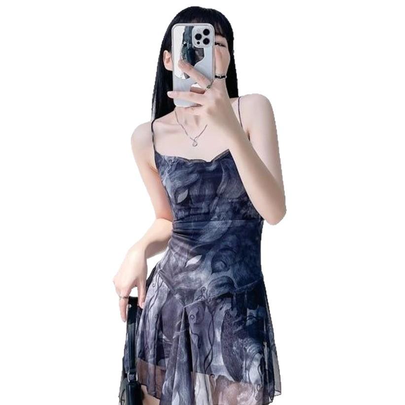 Summer Suspender Dress Women Wear Thin Versatile Short Skirt Pure Lust Hot Girl Cross Backless Irregular Print
