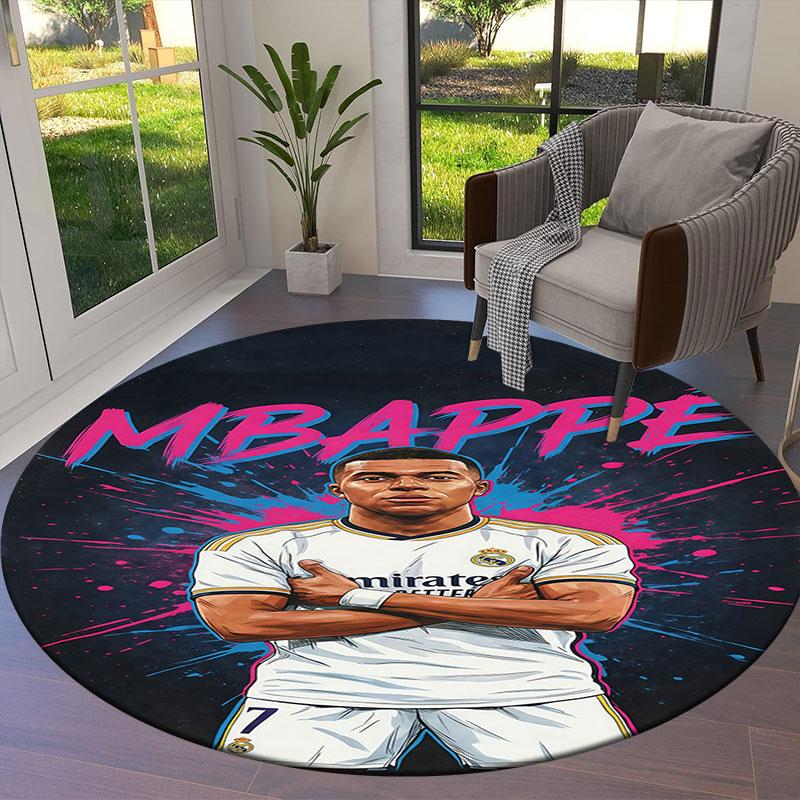 Kylian Mbappe Round Area Rug,Carpet Rug for Living Room Bedroom Sofa Playroom Decor,Non-slip Floor Mat