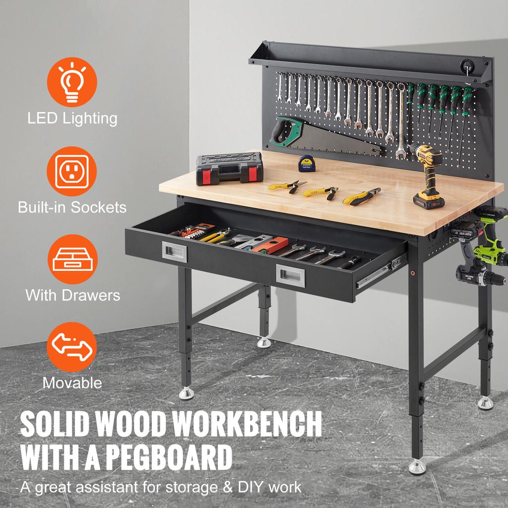 SucceBuy 2000lbs Hardwood Workbench Heavy Oak Plank Work Table Carbon Steel with 3m Cable 30 Hooks for Garage Office Workshop