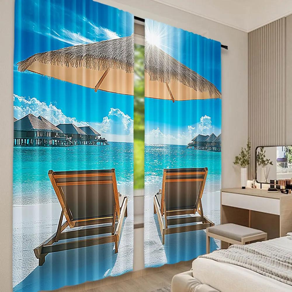 

2 шт. Пляжная занавеска Мальдивы Живописный вид на море Шезлонги под зонтиком Романтическая тема медового месяца 29x65in(75x166cm)