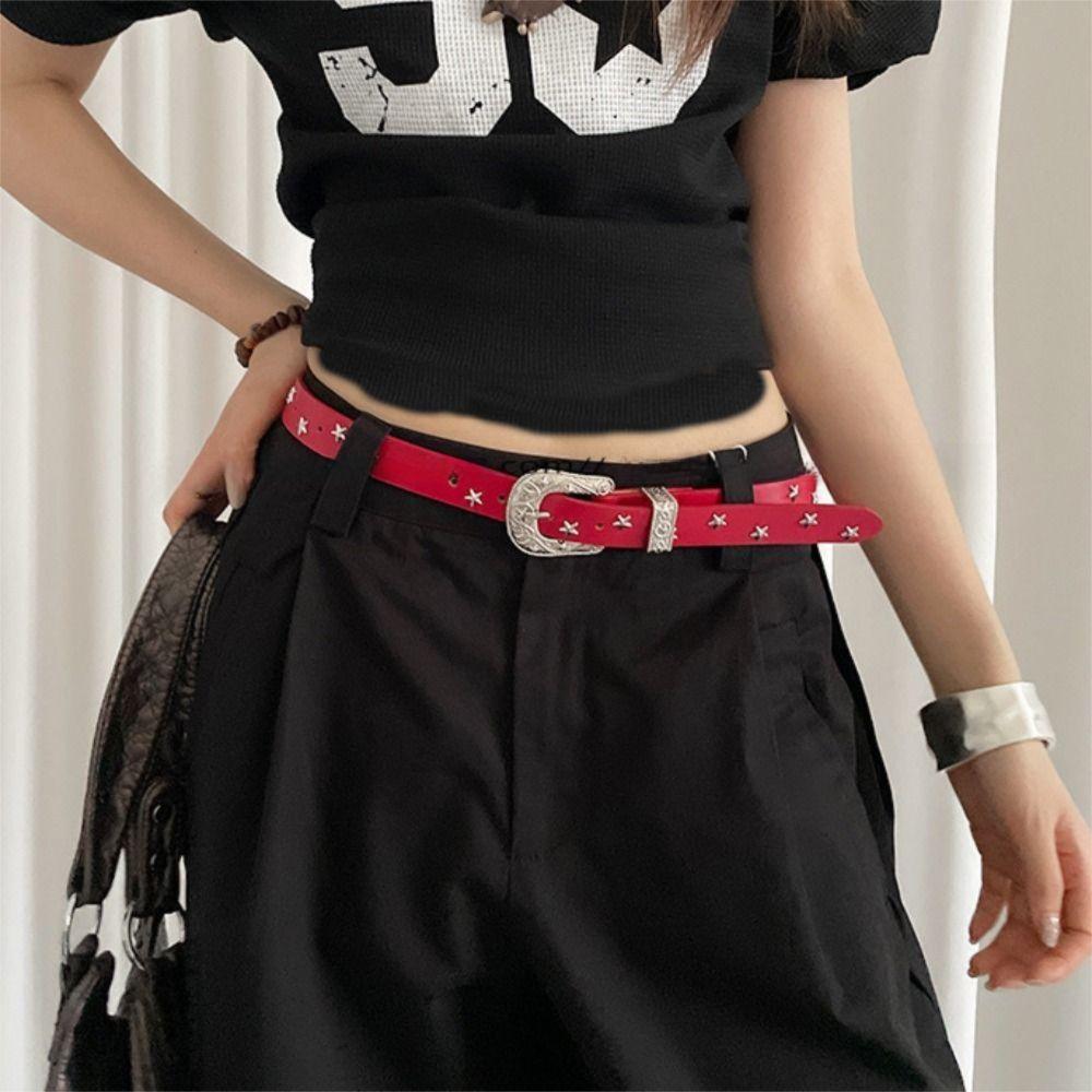 Pu Leather Y2K Jeans Belt Carving Women's Waist Belt Casual Punk Style Belt  Party