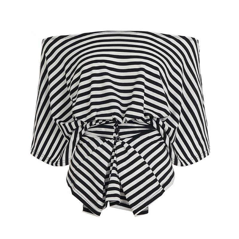 

European and American Spring and Summer New Striped One-Shoulder Short-Sleeve T-Shirt with Tie Buttons, Unique Design, Dual-Wear Casual Top for Women Stripes S
