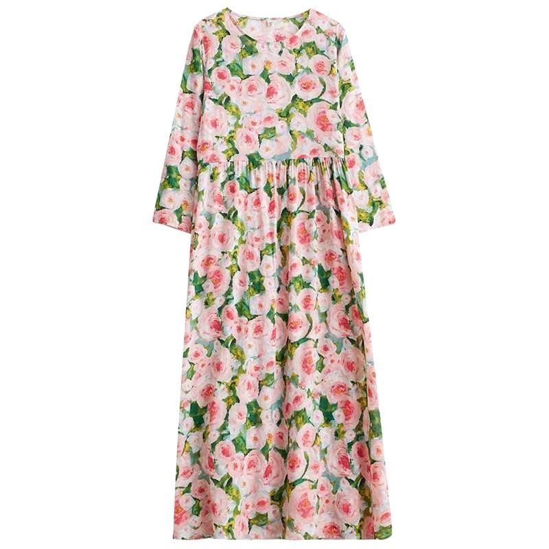 2025 New Floral Vacation Style Travel Round Neck Vintage Long Skirt Flesh Covering Dresses