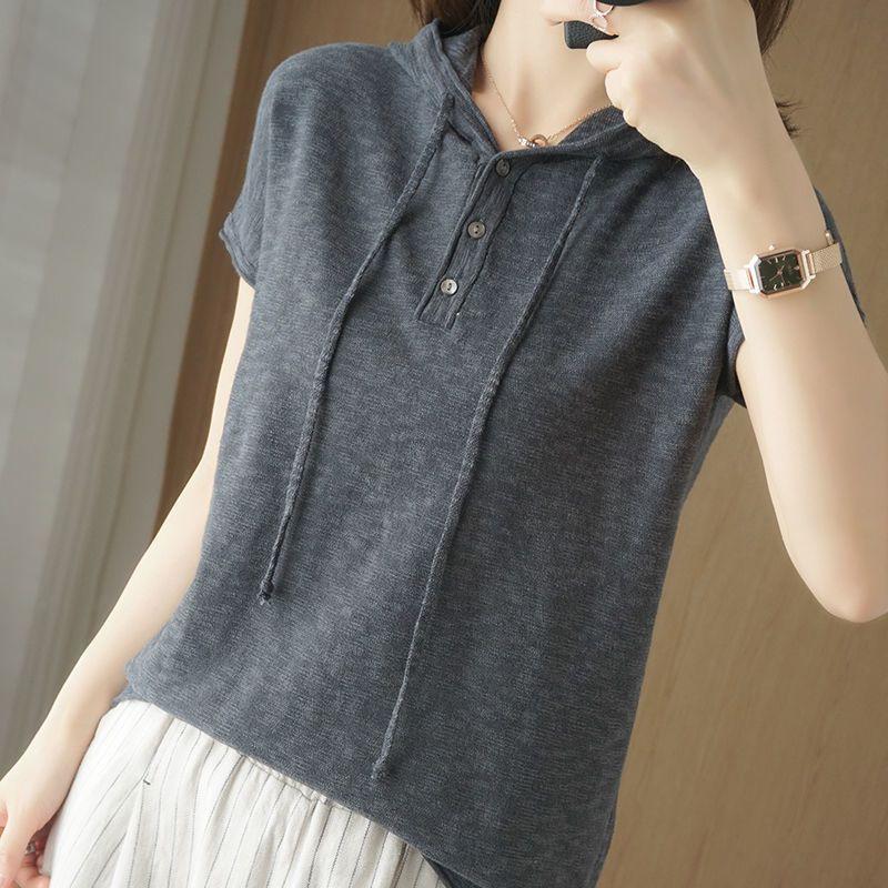 

Women Autumn Loose Fit Henley Neck Hooded Short Sleeve T Shirt M сірий