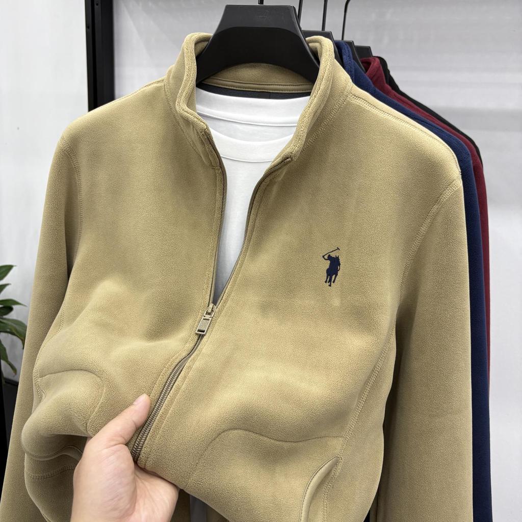 Men's Double-Sided Berber Fleece Stand Collar Jacket with Embroidery – Classic American Style