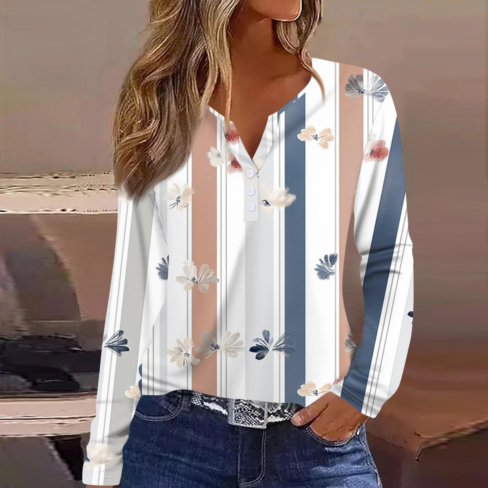 Жен. Футболка Футболка С принтом Пуговицы Длинный рукав Повседневные Выходные Мода — фото 16