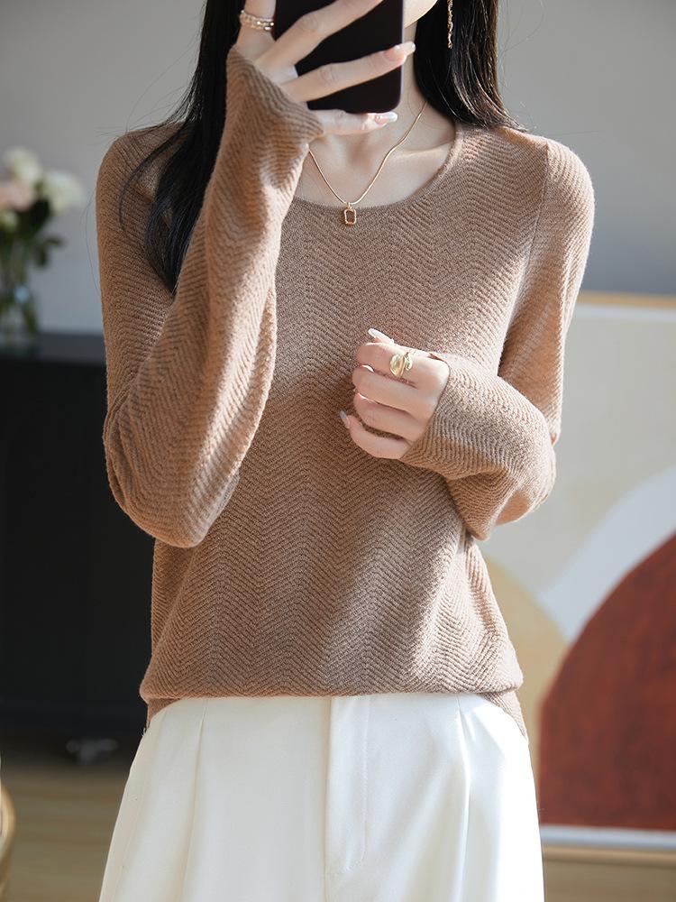 

Женский свитер из чистой шерсти тонкой вязки «рябь» прилегающего силуэта - Круглый вырез, Легкий, Для ношения весной/осенью XXL верблюд