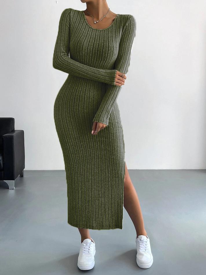2023 Autumn/Winter Women's Long-Sleeve Knitted Slit Dress