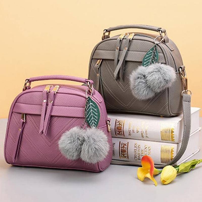 Leather Top-handle Bags Women Shoulder Handbags Hair Ball