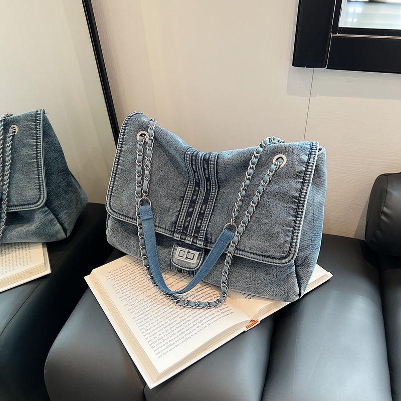 Sac bandoulière décontracté en denim grande capacité pour femme avec chaîne