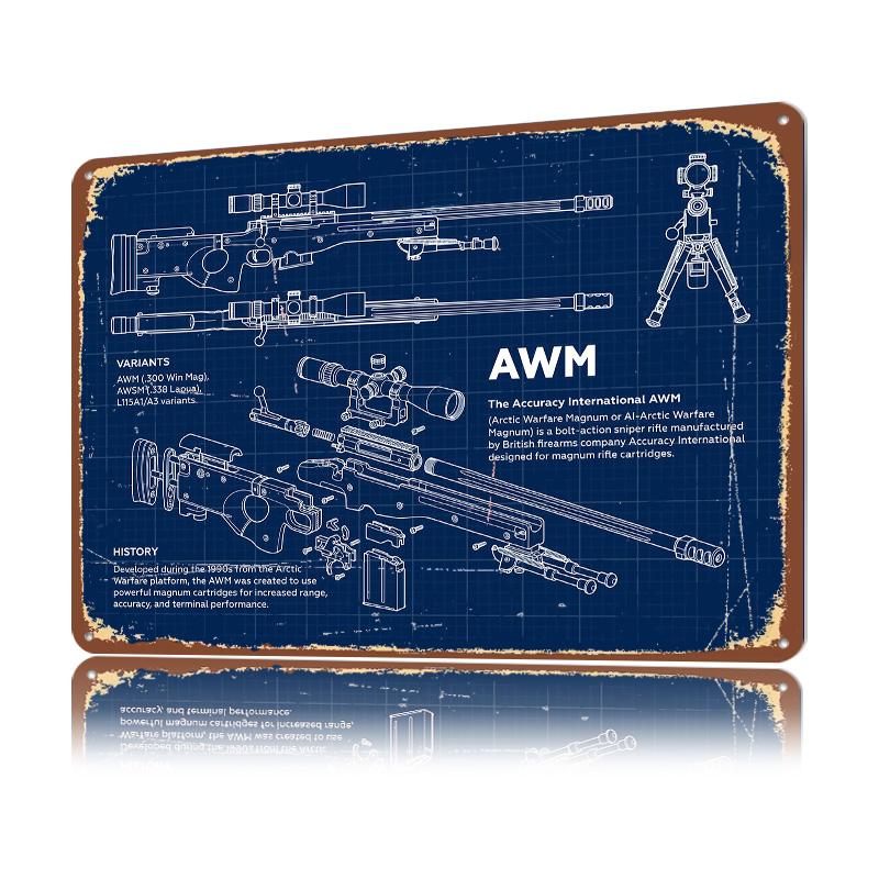 Accuracy International AWM Blueprint D Texture Metal Poster Customized Wall Art Tin Sign Gift for Mancave Garage Decorations