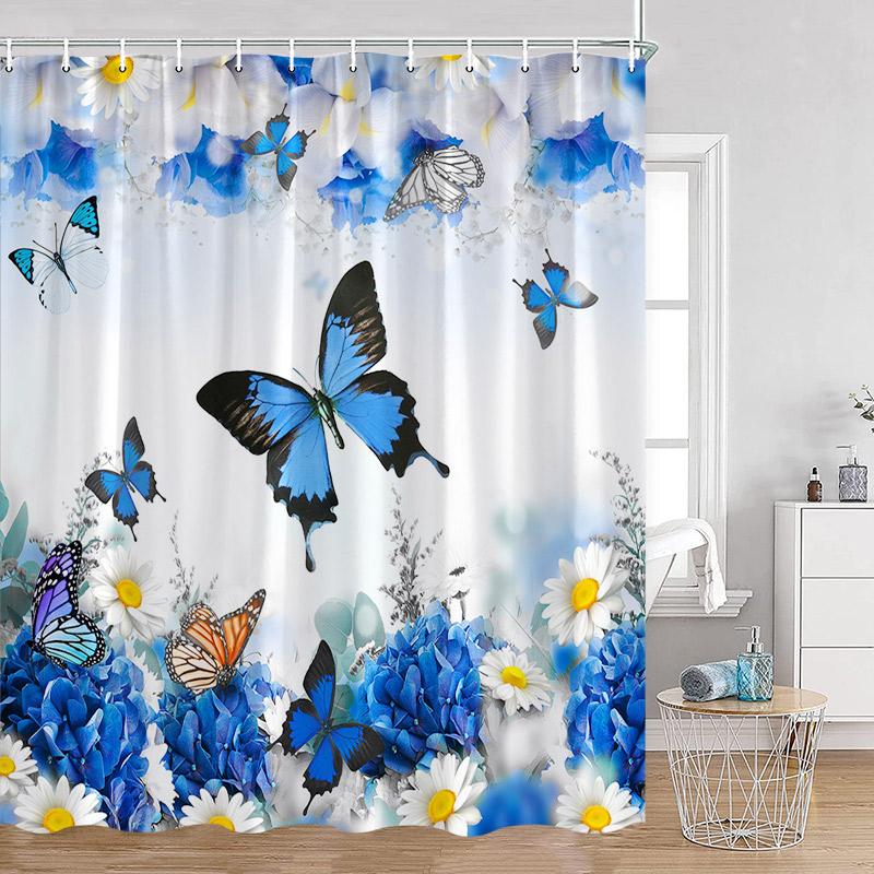 Floral Blue Butterfly Shower Curtain Purple Flowers Butterflies Plant Polyester Fabric Bathroom Decor Bath Curtains with Hooks