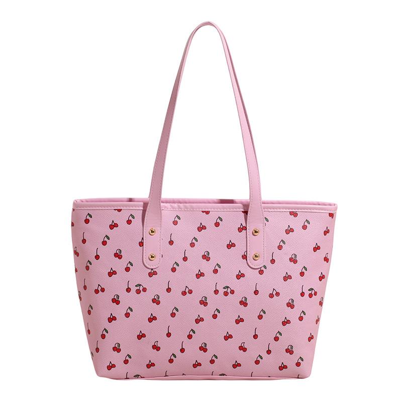 

Tide large capacity contrasting color bag women s autumn fresh cherry print shoulder bag sweet wind student bag рожевий