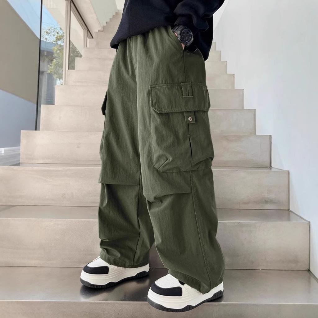 Four Seasons Boys Cargo Pants Spring Casual Trousers Children Autumn Straight Loose Pants Teenager Solid Color Wide-leg Clothing