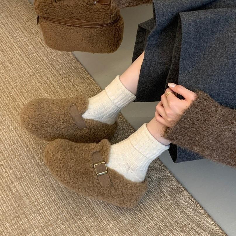 2025 New Belt Buckle Thick-soled Imitation Lamb Wool Cotton Slippers Outer Wear Bag Head Fluff Half-drag Warm Women's Shoes Slippers