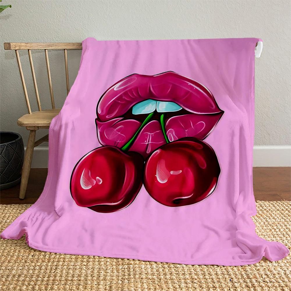 1pc Lips Cherry Outdoor Flannel Blanket Soft Warm All-Season Throw for Sofa Bed Car Camping Office, Cozy Gift Idea1122S