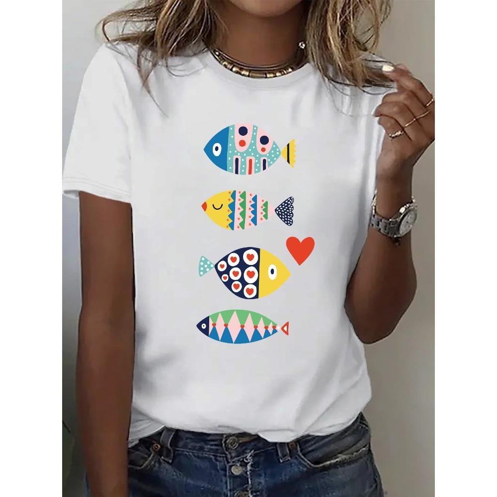

Ladies Round Neck Short Sleeved Tshirt with Blue Fish and Heartshaped Print Tshirt Featuring Smiling Fish and Nautical Design S