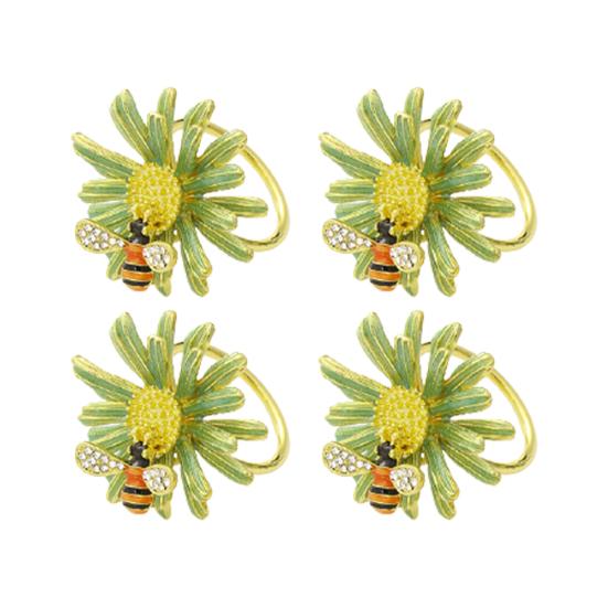 4Pcs Napkin Rings Adorable Anti-rust Alloy Spring Flower Bee Painted Napkin Buckle for Party