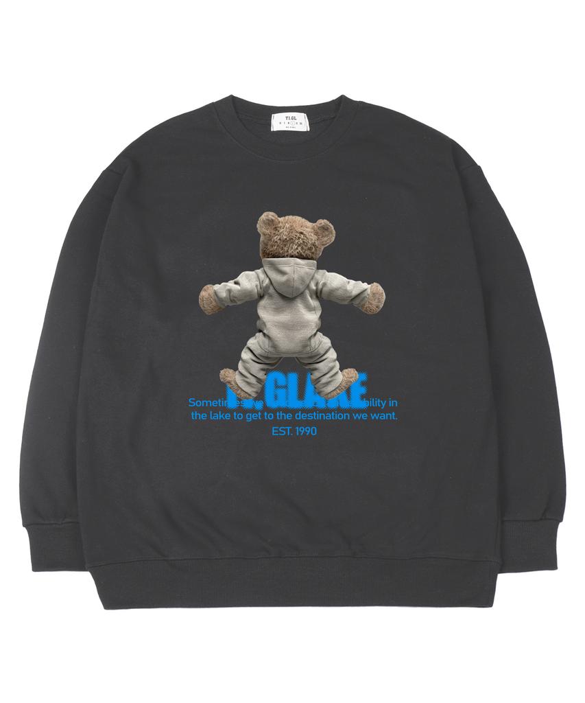 TI.GLAKE Back Hood Bear Oversized Sweatshirt Dark Gray