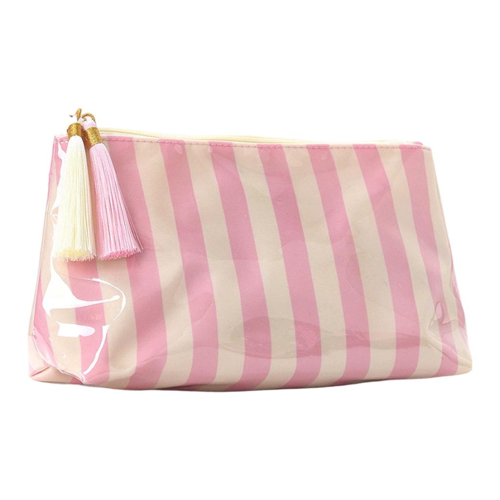 PVC Striped Cosmetic Bag Tassel Zipper Makeup Storage Pouch Waterproof Travel Toiletry Organizer Bag