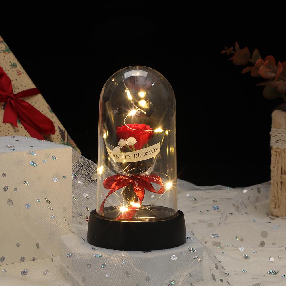 Eternal Roses, Glass Cover Simulation Flower Gifts, Creative Desktop Decoration Luminous Ornaments Romantic