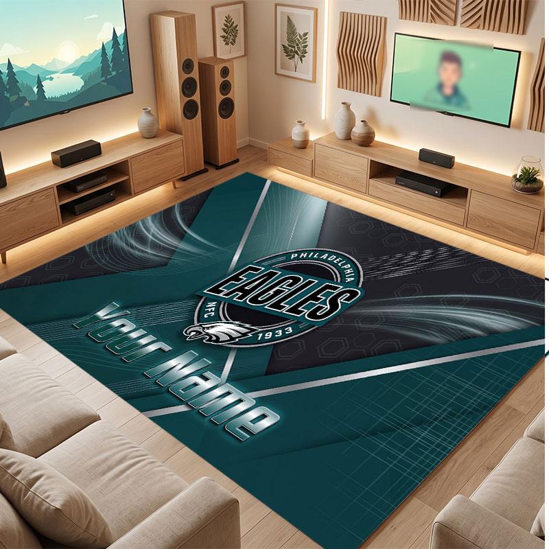 Philadelphia Eagles Personalisiertes Kristall-Samt-Teppich, Benutzerdefinierter Namens-Text Weicher Anti-Rutsch-Teppich für Wohnzimmer Schlafzimmer