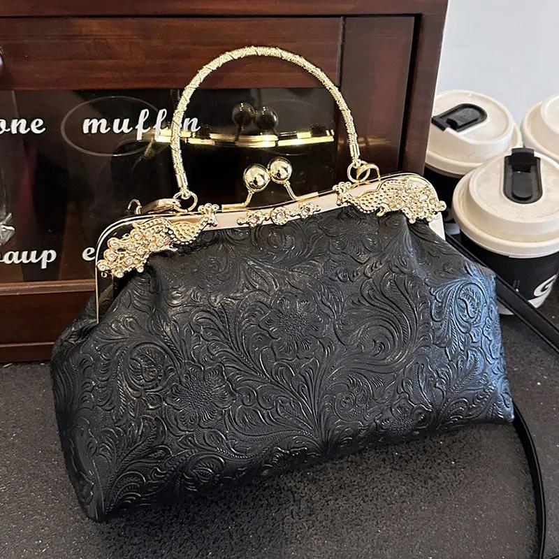 Chinese Style Prom Print Women Elegant Shoulder Bag Lady Chain Dinner Bags Green Shell Clip Fashion PU Leather